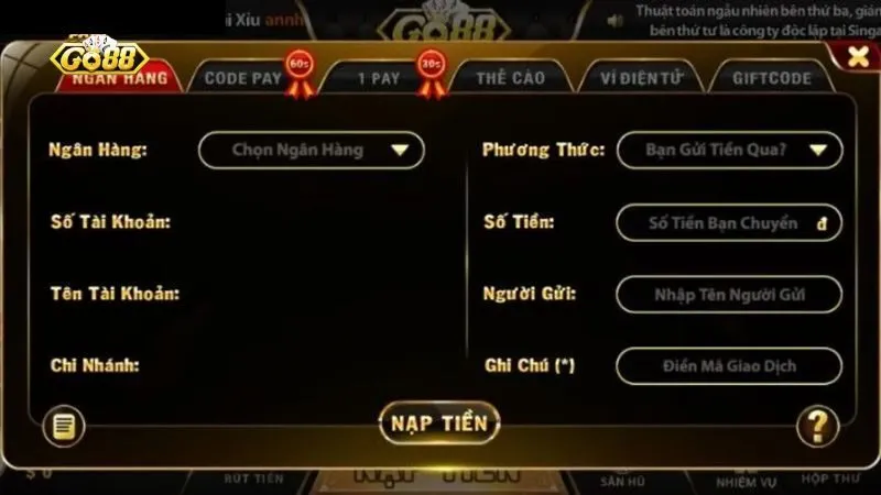 Bỏ túi các bước nạp tiền Go88 Bỏ túi các bước nạp tiền Go88